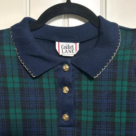 Vintage Cricket Lane Plaid Polo Sweater M 80s Blackwatch Preppy Gold Buttons - Picture 3 of 10